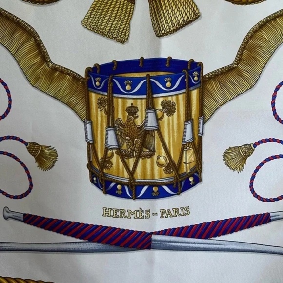 Hermes Les Tambours Silk Scarf in vibrant jewel tones, blues, reds and gold on a - Picture 10 of 13